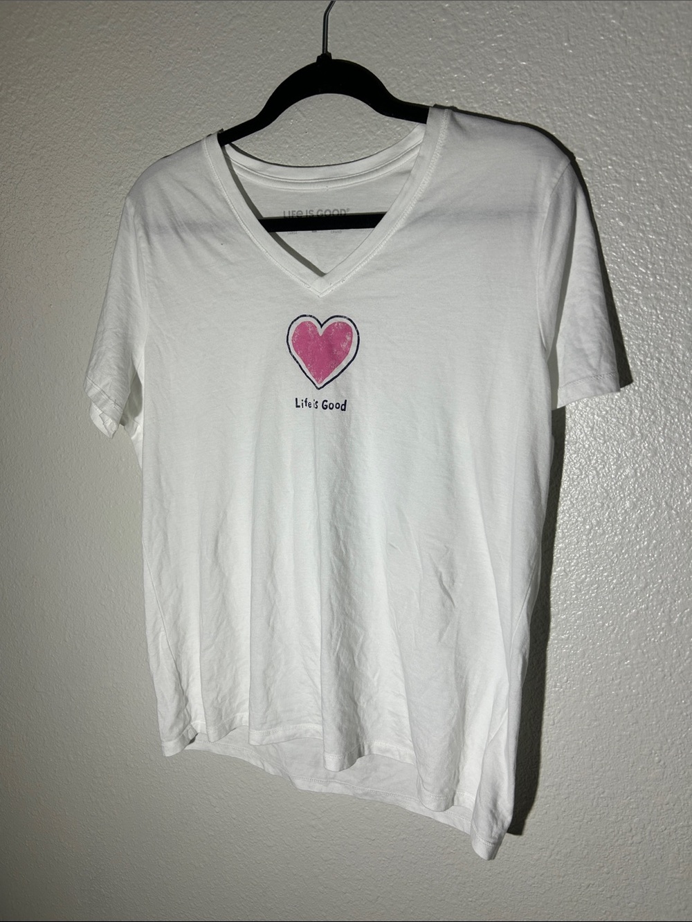 Life Is Good White V-Neck Tee with Pink Heart Graphic